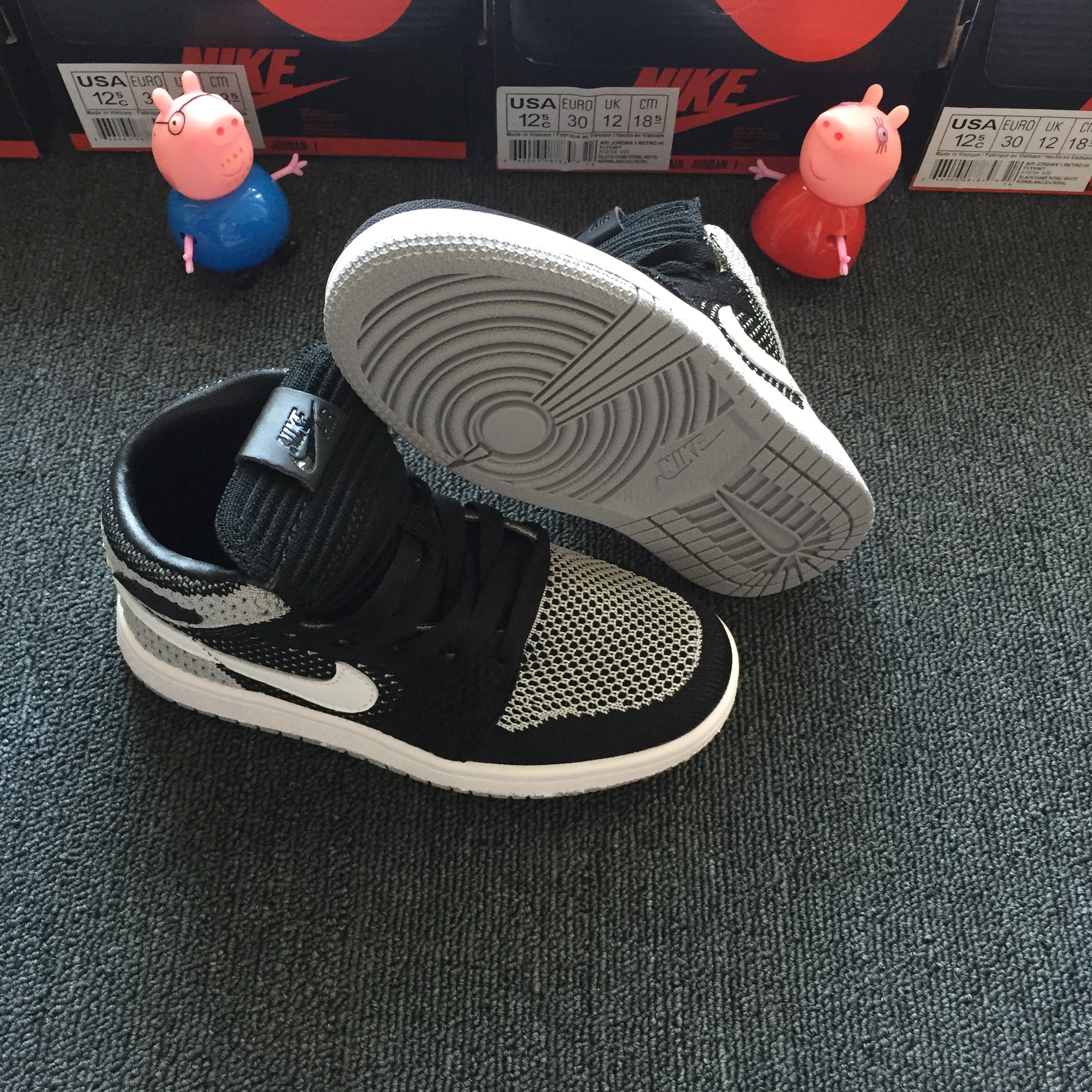 2018 Kids Jordan 1 Flyknit Black Grey White Shoes